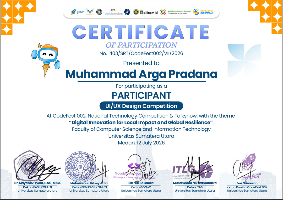 Sertifikat UI/UX Design Competition Code Fest 2026 - Muhammad Arga Pradana