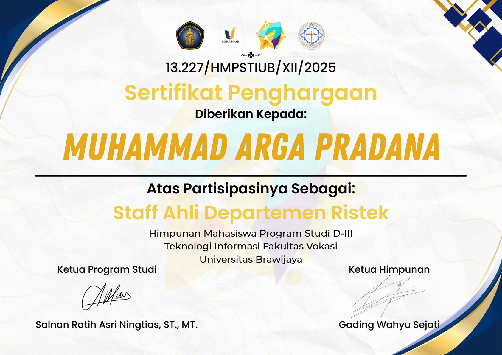 Sertifikat Anggota HMPS TI 2025 - Muhammad Arga Pradana