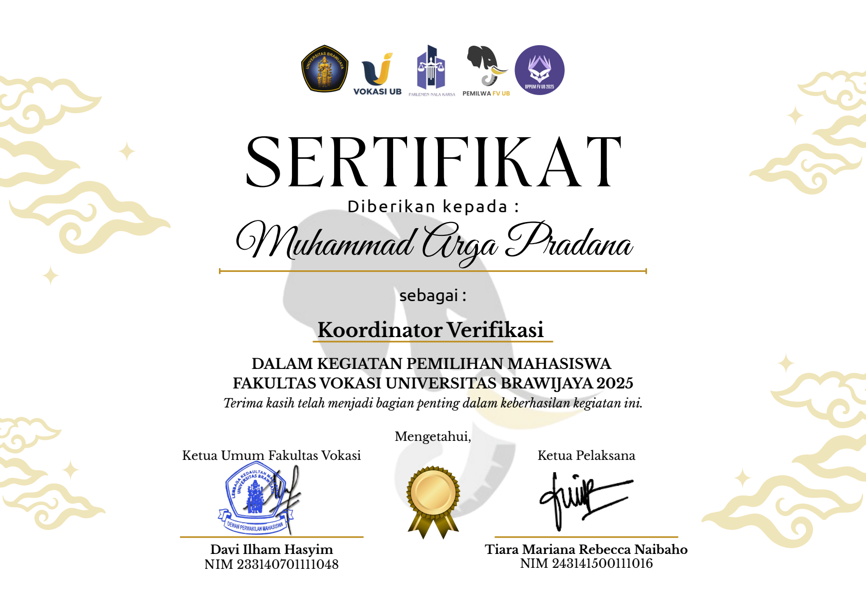 Sertifikat Ketua Tim Verifikasi PEMILWA FV 2025 - Muhammad Arga Pradana