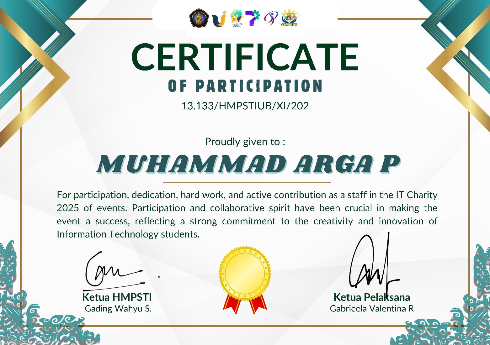 Sertifikat Kepala Divisi Sponsorship & Konsumsi IT Charity 2025 - Muhammad Arga Pradana