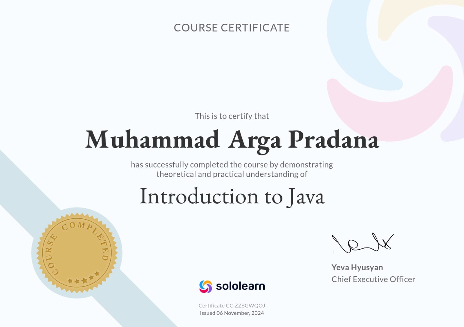 Sertifikat Introduction to Java Sololearn - Muhammad Arga Pradana