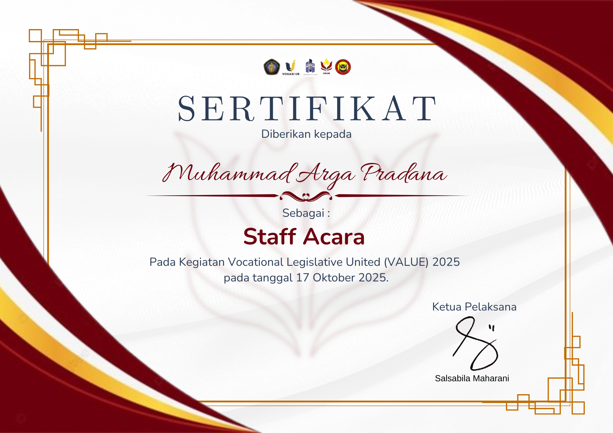 Sertifikat Pengawas & Staff Acara VALUE 2025 - Muhammad Arga Pradana