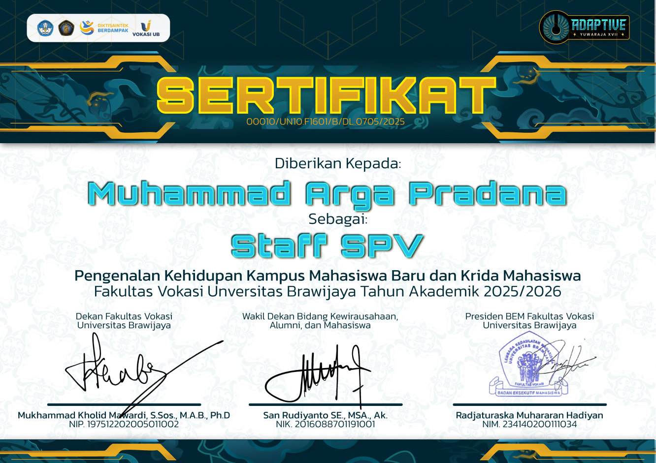 Sertifikat PKKMB Fakultas Vokasi Universitas Brawijaya - Muhammad Arga Pradana